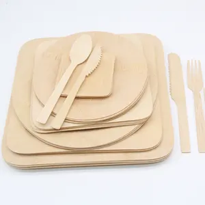 Compostable Disposable Dinnerware Set Custom logo printed bamboo wood dish plates with cutlery spoon fork knife in set