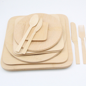 Ensemble de vaisselle jetable compostable, <span class=keywords><strong>assiettes</strong></span> à vaisselle <span class=keywords><strong>en</strong></span> <span class=keywords><strong>bois</strong></span> de bambou imprimées avec logo personnalisé avec couverts cuillère fourchette couteau <span class=keywords><strong>en</strong></span> lot - Product Image 1