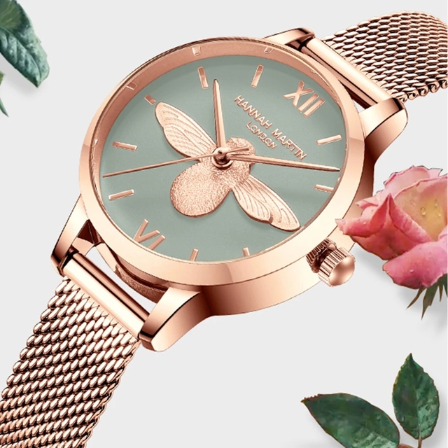 Hannah Martin 2026 New Women Luxury Watch Bracelet Set 3D Engraved Bee Dial Clock Rose Gold 31mm Classic Casual Girl Dress Watch