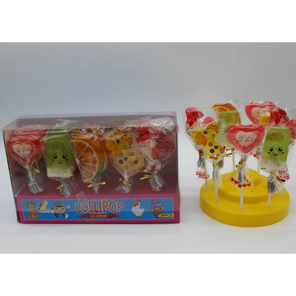 थोक हलाल कार्टून-आकार का रसदार लॉलीपॉप कैंडी मीठे फलों के स्वाद वाले खिलौने, बोतलों में पैक की गई चीनी से निर्मित