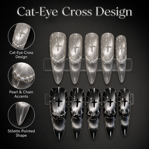 Faux ongles longs en acrylique, forme cercueil, effet œil de chat, couleur argent, brillants, avec strass et motif croix, pour doigts - Product Image 4