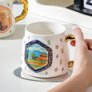 Ensemble de tasses à café en céramique avec poignée dorée, motif peinture à l'huile, pour cadeaux en gros, ensemble cadeau de tasses, tasse à boire personnalisée - Product Image 6