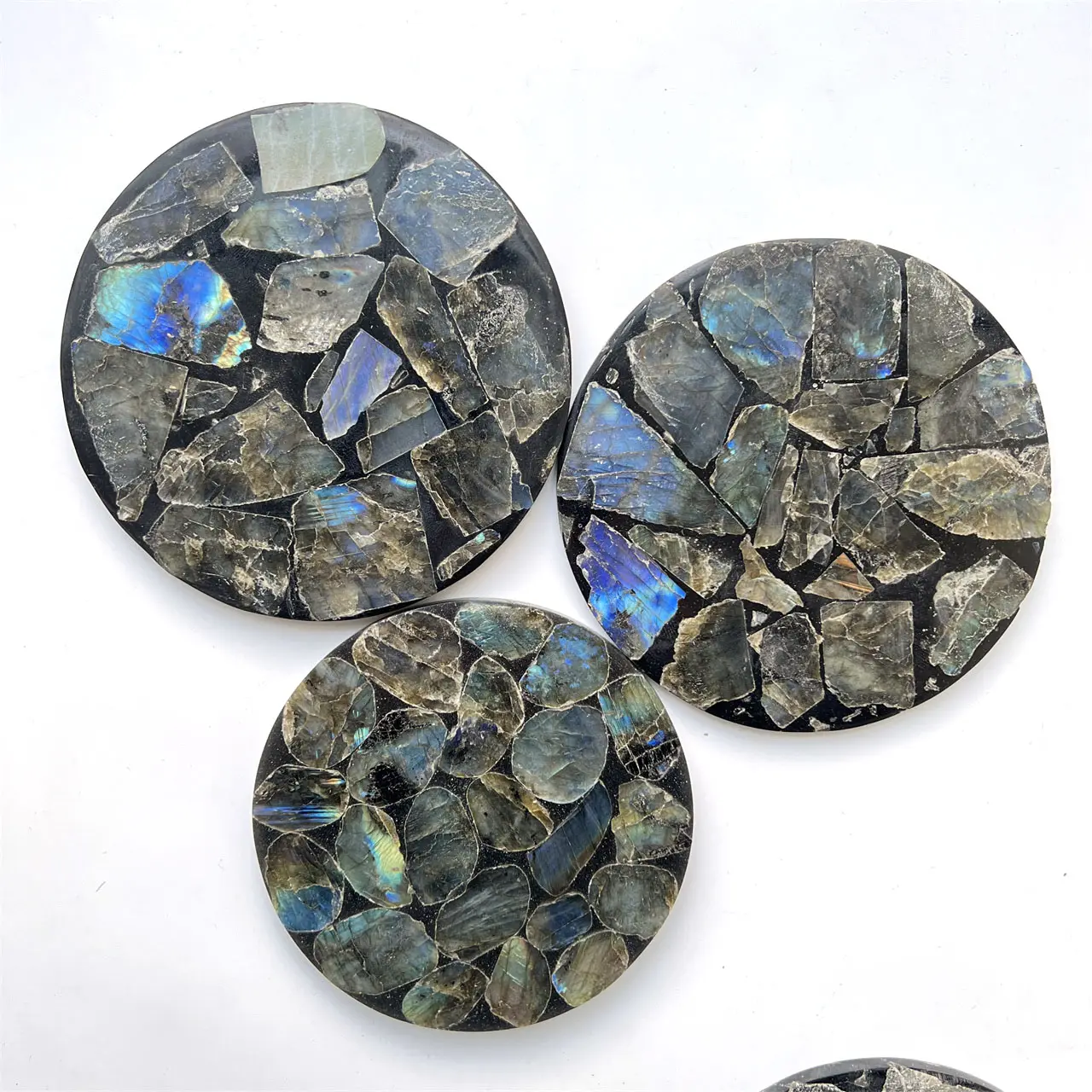 Customized Wholesale Natural Colorful Quartz Crystal Crafts Han Labradorite Plate Disc Round Shape