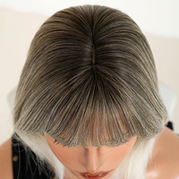 Peluca de Cabello Sintético de 12 Pulgadas, Color Ombre Marrón Ceniza con Raíces Platinadas, Corte Bob Corto con Flequillo Recto, Fibra Resistente al Calor, Aspecto Natural
