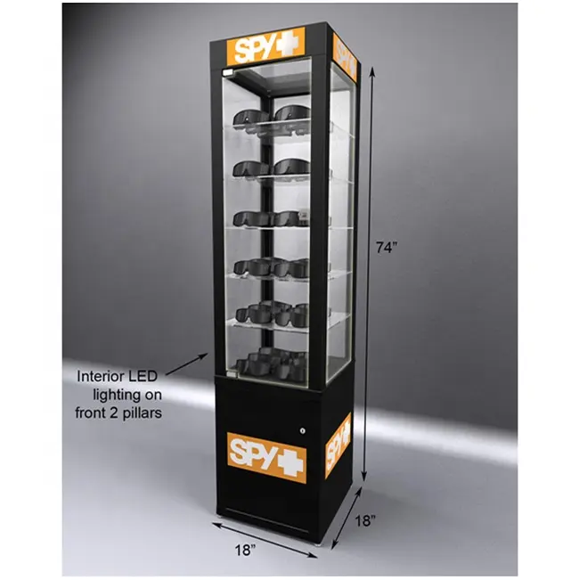 Sunglass Tower Display Customized Design Retail Store Exhibition Sunglasses Storage Cabinet Show Case Display Glass With LED Light