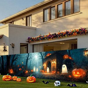 Feliz Halloween: Pancarta Larga Personalizable con Fantasmas, Calabazas y Casas Encantadas para Fiestas Espeluznantes en Exteriores - Product Image 3