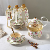 Service à thé en verre et céramique avec bougie chauffe-plat, théière chauffante avec filtre, une théière avec quatre tasses, pour le thé anglais de l'après-midi