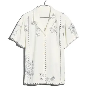 OEM laid-back style women summer comfortable short sleeve top floral embroidered linen-blend camp shirt STB9103A