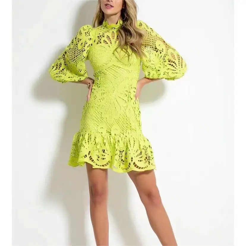 2022 Autumn Celebrity Style Half High Collar Lantern Sleeves Hollow Water Soluble Lace Fish Fashion Tail Short Dress