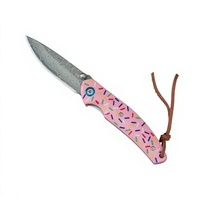 Couteau de poche EDC en acier Damas pour le camping et la chasse, avec manche en résine à motif donut mignon, personnalisable OEM pour femmes