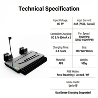 Support de charge et de refroidissement multifonction YJT-5OT2075 avec éclairage RGB et double chargeur de manettes pour consoles PS5 et PS5 Slim