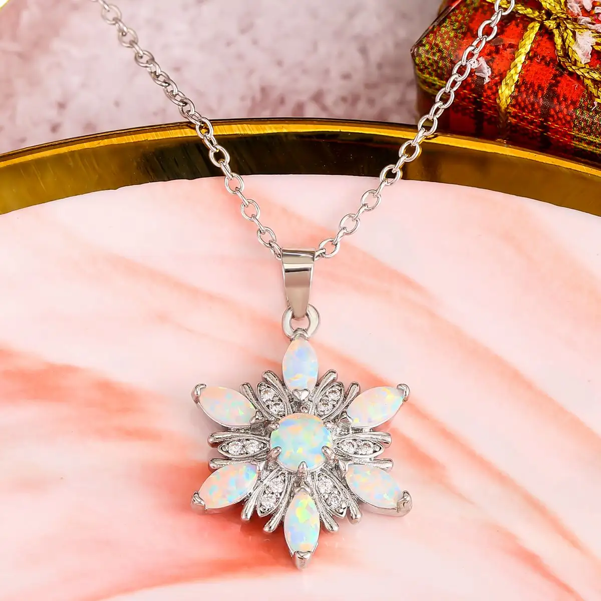 Rhodium plated white opal necklaces for christmas snowflake pendant choker chain 925 sterling silver necklace bijoux