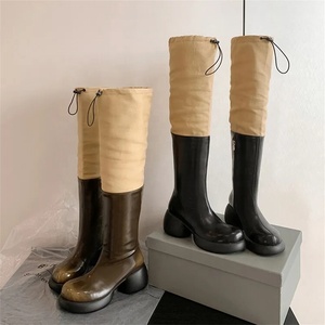 Mixed Color Low Chunky <b>Heels</b> <b>Round</b> <b>Toe</b> Loose Stretchy Top Western Boots Women Knee High Booties Patchwork Handmade Shoes - Product Image 5