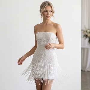 <span class=keywords><strong>Abito</strong></span> Mini <span class=keywords><strong>Bianco</strong></span> di Lusso Personalizzabile per Matrimoni e Compleanni, Sexy con Strass, <span class=keywords><strong>Paillettes</strong></span>, Perle e Nappe a Catena - Product Image 1