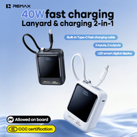 Batterie externe portable Remax 10000mAh avec charge rapide PD40W, câble Type-C intégré, cordon, affichage LED 2-en-1, 2 entrées/sorties
