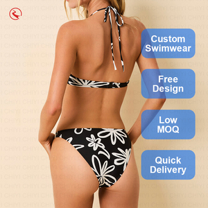 Custom Floral Print <b>Two</b> <b>Piece</b> Bikini <b>Set</b> Halter Neck Elastic Waist Spandex Polyester Swimwear Quick Dry Bodycon Design - Product Image 1