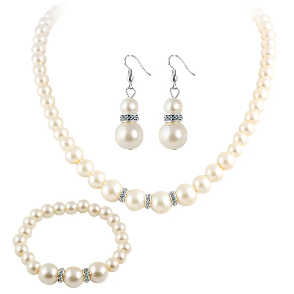 trending products 2024 new arrivals Pearl studded crystal necklace earrings bracelet set bride's necklace accessories