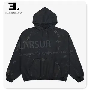 LARSUR Custom hoodie manufacturer distressed mud dye wash hoodie damage dirtyfit dirty printed washed hoodie unisex streetwear
