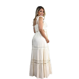 KY été dames brodé blanc longue robe parole longueur noeud papillon creux licou doux Style tricot tissu imprimé sans col - Product Image 2