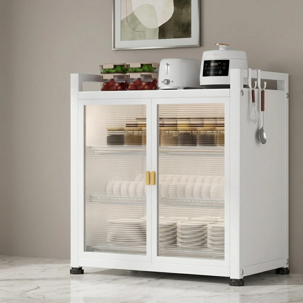 Large Capacity Three-layer Modern Kitchen Storage Cabinet Bowls Dishes Storage Shelf Dustproof Durable Carbon Steel Cupboard · image 6
