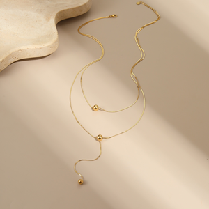 Collar de Moda con Borla de Cuentas Redondas de Doble Capa, Collar de Acero de Titanio, Sin Decoloración, Cadena para Clavícula Chapada en Oro de 18K - Product Image 3