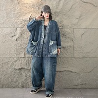 Nouvel ensemble décontracté deux pièces pour femme : veste en jean oversize à imprimé contrastant et pantalon cargo large – Collection Printemps-Automne 2026 (vente en gros)