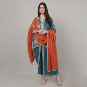 Vestido Tradicional Premium de 3 Piezas para Mujer, Azul y Naranja con Lentejuelas, Cuentas y Pedrería de Perlas para Eventos - Product Image 1