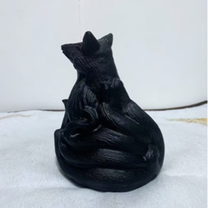 Natural obsidian nine-tailed fox figurine <b>raw</b> stone <b>crystal</b> carving piece, black fox home auspicious mascot, tabletop gift - Product Image 5