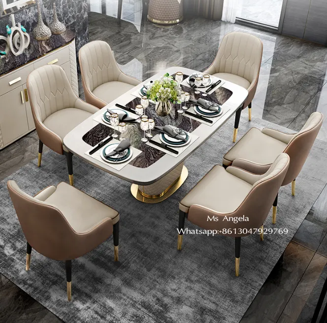 İtalyan ev odası mobilya yeni stil deri ve krom yemek masası lüks postmodern mermer yemek masası yemek masası s ve sandalye seti