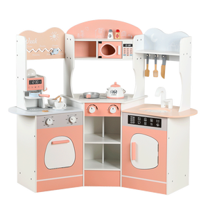 Grands meubles de rangement de cuisine en bois avec évier, lave-linge et four simulés, et rangement d'angle pour jouets de cuisine et alimentaires - Product Image 1