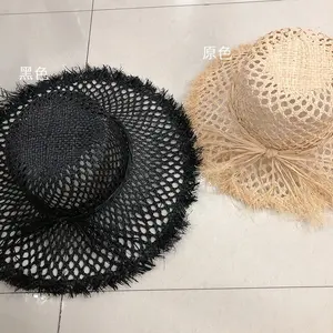 Sombrero de paja de ala ancha para mujer, gorra de rafia ahuecada, Color blanco y negro, para playa y vacaciones, gran oferta