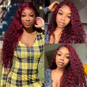 Cheap <b>Curly</b> Wave Raw Brazilian 100% Virgin Human Hair 99J <b>Red</b> Colored Hd Full Lace Front <b>Wig</b> Human Hair for Black Women - Product Image 2