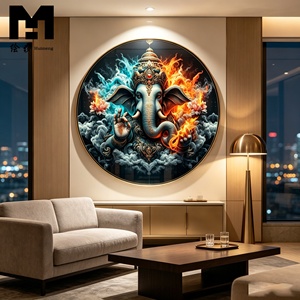 Décoration Murale Ronde LED Ganesha - Tableau sur Toile du Dieu Éléphant Hindou - Impression Religieuse sur Toile Encadrée - Product Image 2