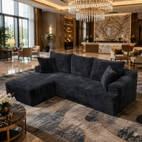 Canapé modulaire en forme de L de qualité supérieure en velours côtelé noir avec chaise longue, facile à assembler