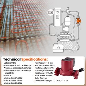 Pompe de circulation d'eau Talspity 1/25 HP 115V en fonte à 3 vitesses pour chauffage solaire radiant - Product Image 3