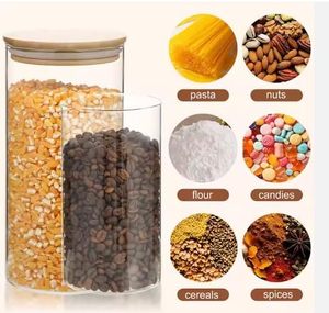 Pot à sucre en verre, récipient à sel transparent hermétique avec couvercle en bambou et cuillère doseuse pour le stockage des flocons d'avoine, des sels et des grains de café - Product Image 4