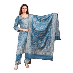 Salwar Kameez de lana azul para mujer con estampado a mano, corte holgado, largo hasta el tobillo, ropa informal tradicional india y pakistaní - Product Image 3