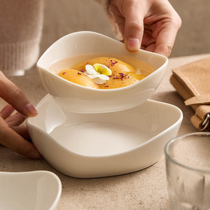 White Glazed Ceramic Soup Noodle Breakfast Triangle Fruit Salad Bowls Set Microwave Safe Modern Simplicity Design Hotel - Product Image 1