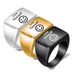 Love Yourself Smiley Face <b>Ring</b> 13mm Rectangular Unisex Jewelry Gift Steel Gold Gunmetal - Product Image 1