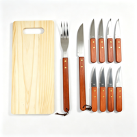 Ensemble de 10 couteaux à steak et fourchettes en acier inoxydable avec manche en bois, planche à découper en pin, pour le camping en plein air, le barbecue et la cuisine