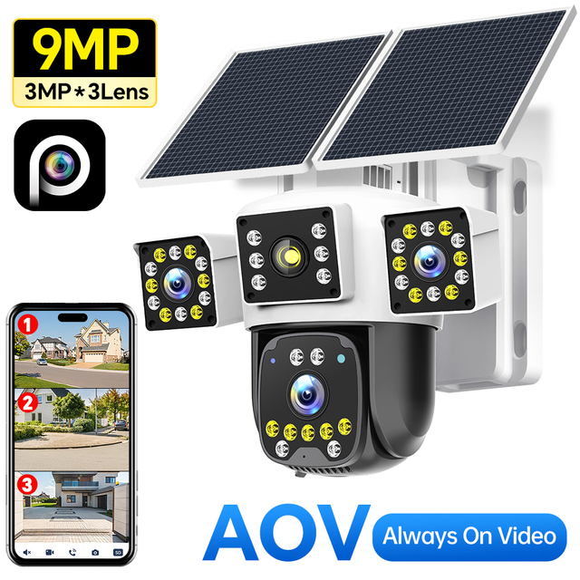 Hieasy 9MP Triple-Lens 4G/WiFi Solar Panoramic PTZ Camera Outdoor Security CCTV IP Camera with High Sensitivity Sensor