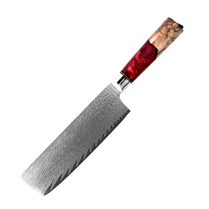 ダマスカス鋼包丁セット赤い樹脂安定化木製ハンドルシェフナイフスライスパン骨抜き三徳ナイフ