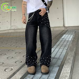 Fabrikant Custom Strass Oversized Wide Poot Zuur Wassen Distressed Baggy Flare Jean Broek Denim Jean Voor Mannen - Product Image 3