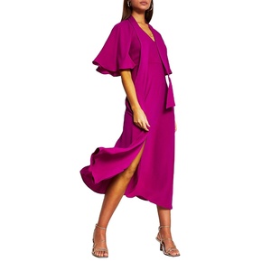 Vestido Midi Elegante de Gasa para Mujer, Color Morado, Cuello de Corbata, Manga con Vuelo, Abertura en el Dobladillo - Product Image 1