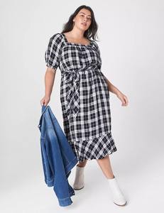 New Collection Customization Summer Square Neck Puff Sleeves <strong>Tartan</strong> Printed Casual <strong>Plus</strong> <strong>Size</strong> Midi Long <strong>Dress</strong> for Women - Product Image 5