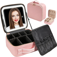 Organisateur de maquillage en gros, étui avec séparateurs réglables, sac de cosmétiques de voyage quotidien avec miroir intelligent éclairé par LED