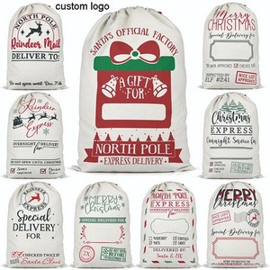 Bolsas de Regalo Navideñas de Algodón Ecológicas Reutilizables con Logotipo Personalizado, Color Personalizado, Tamaño Grande, Diseño de Reno y Santa Claus, Gran Venta - Product Image 1