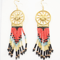Boucles d'oreilles pendantes de style ethnique classique avec pendentif soleil, perles de riz Miyuki, longues franges, faites à la main, tissées
