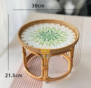 Table basse ronde en rotin durable avec incrustation de coquillages et dessus en nacre, tables d'appoint gigognes pour la décoration intérieure moderne - Product Image 2