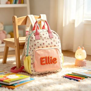 Mochila Personalizada de Punto Grueso con Bordado de Fresas, Hecha a Mano, con Cierre de Cremallera, Forro de Nailon, Compartimento Principal Versátil - Product Image 2
